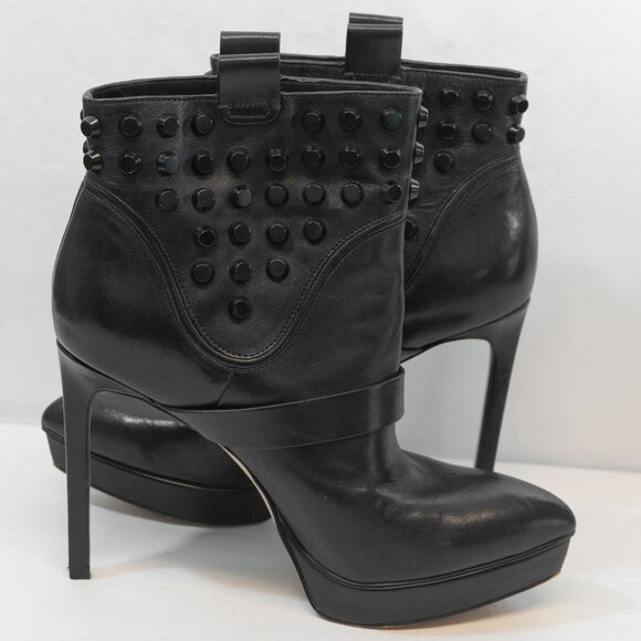 Michael Kors Black Leather Stiletto Bootie Goth Studded Pull On Biker Ankle Boot - Picture 4 of 16